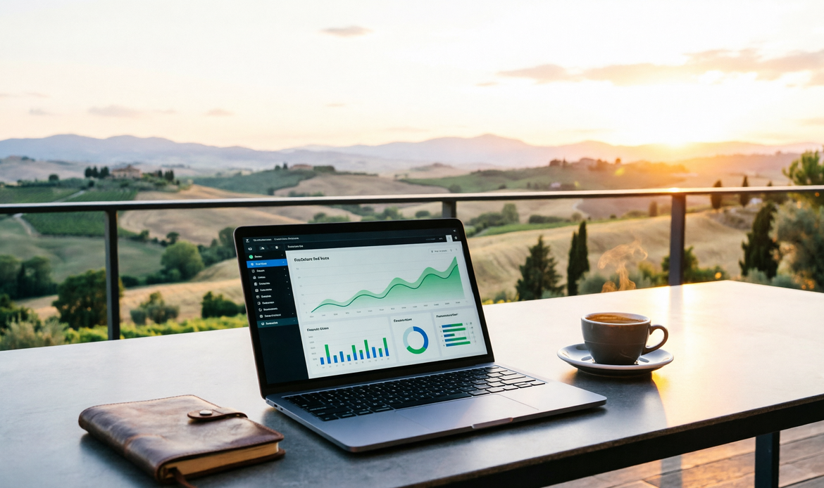 Home office terrace al tramonto con dashboard analytics, vibe success e libertà