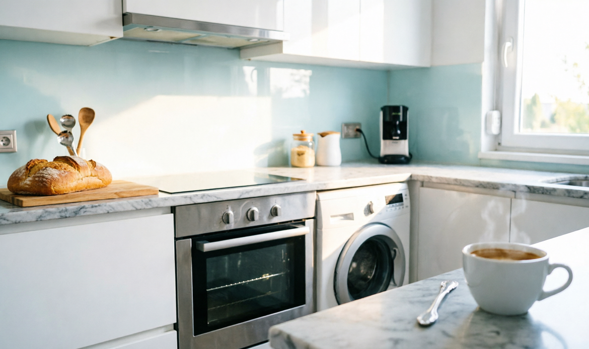 Cucina italiana moderna al mattino, elettrodomestici impeccabili