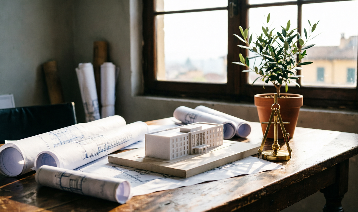 Atelier d'architettura con blueprint e modelli, luce italiana del pomeriggio