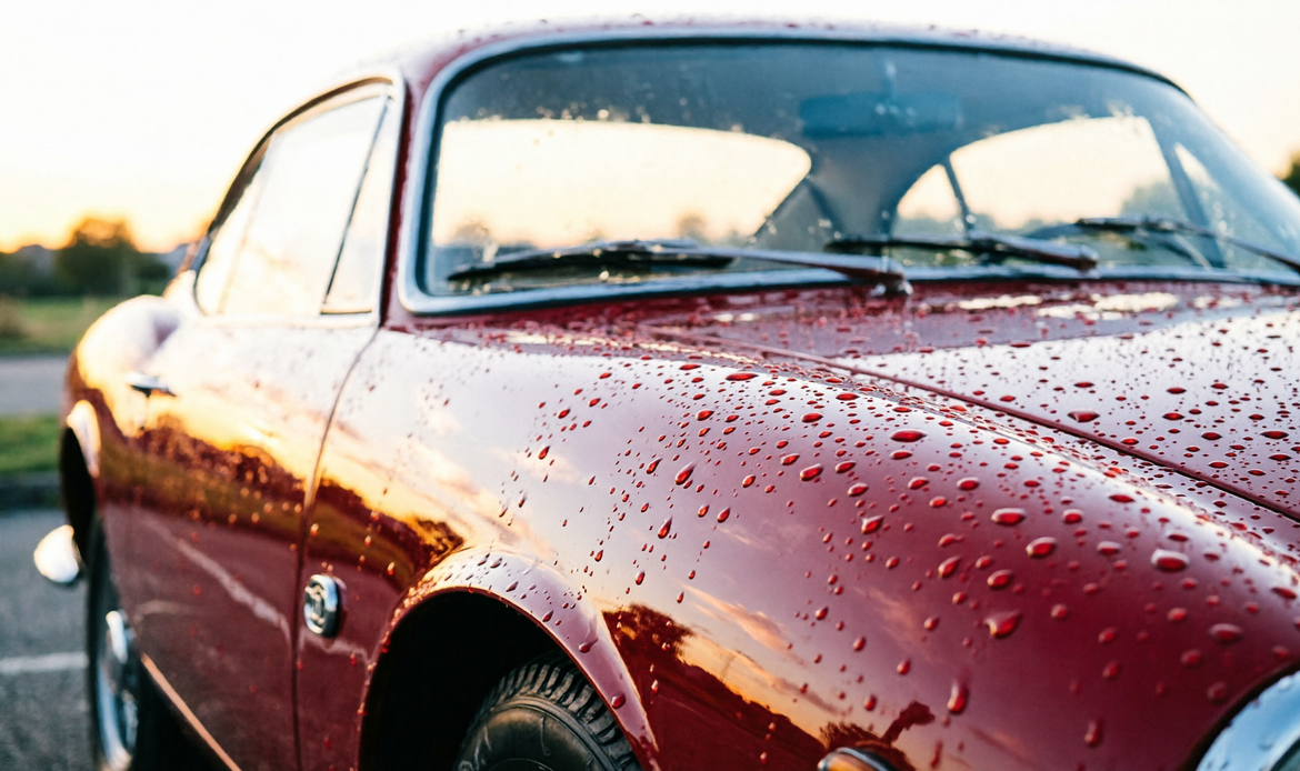Auto sportiva italiana restaurata al golden hour, vernice riflesso perfetto