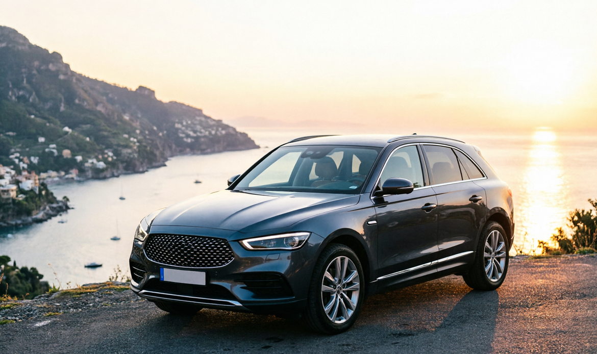 SUV elegante a viewpoint Amalfi al tramonto