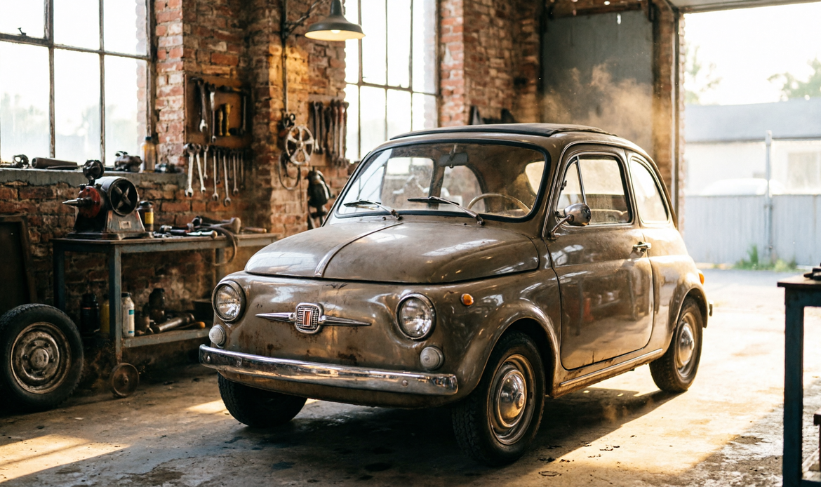 Auto classica italiana restaurata in garage industrial-chic, luce tungsten