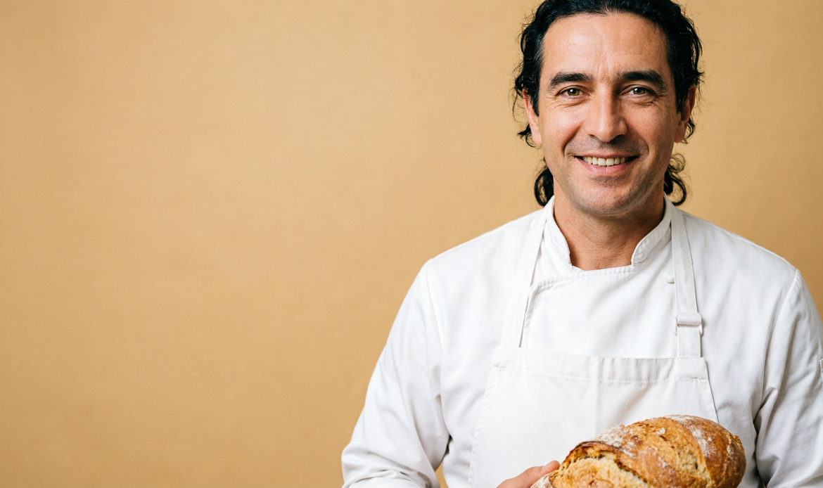 Panettiere italiano con pagnotta su sfondo marrone