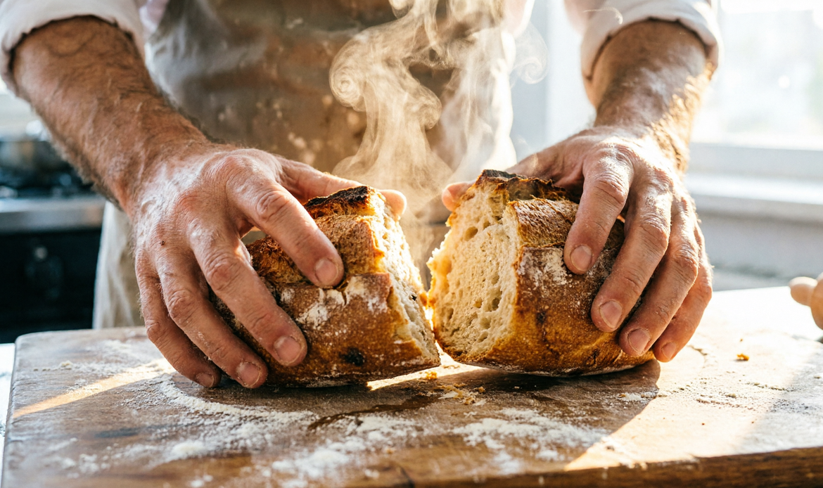 Mani di un panettiere spezzano una pagnotta italiana fresca, luce mattutina
