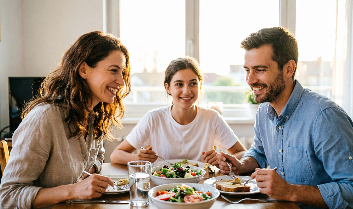 Famiglia italiana serena al golden hour, ritorno alla normalità dopo crisi