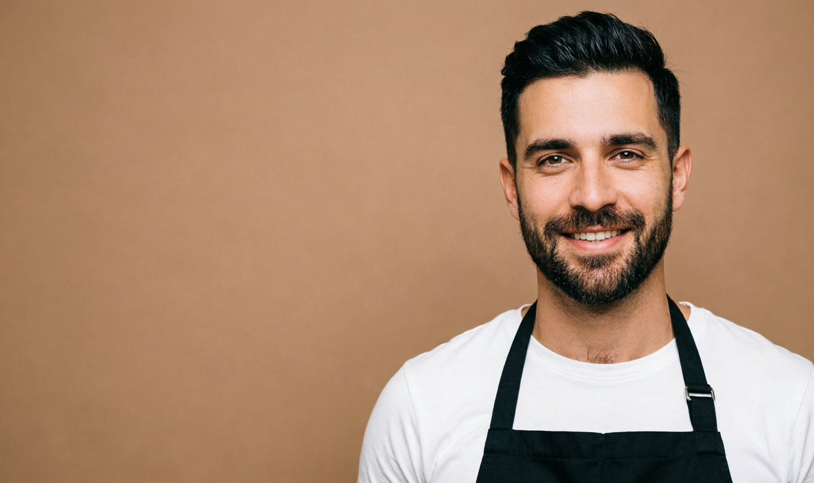 Barbiere italiano con rasoio vintage su sfondo castagna