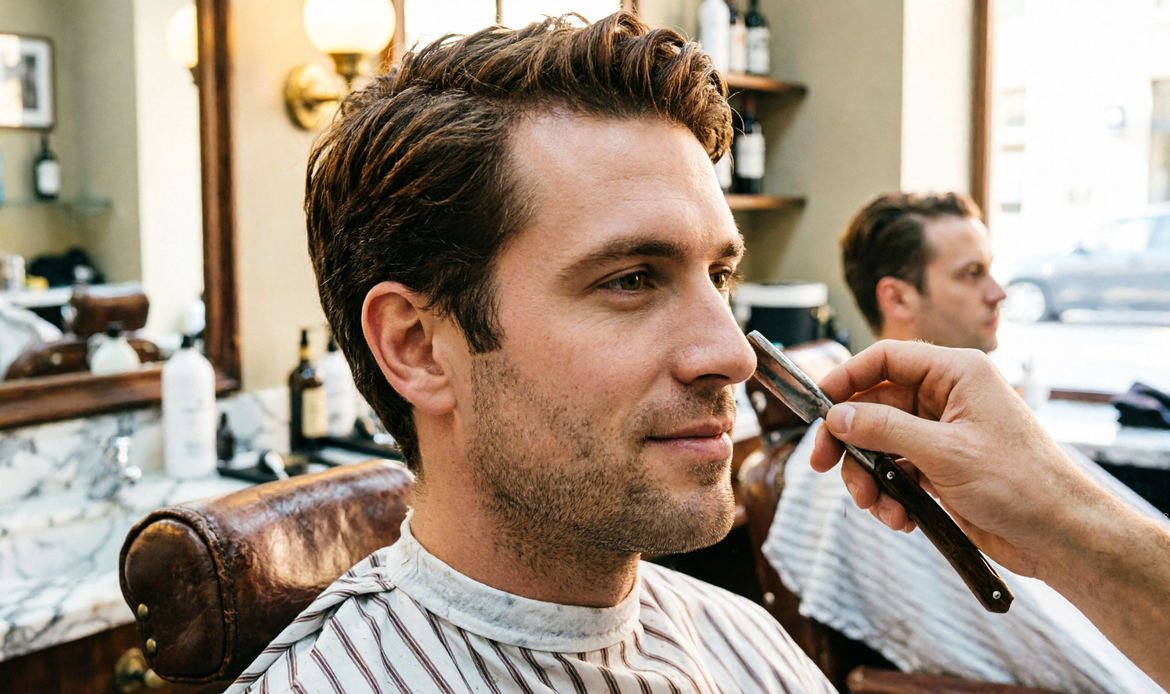 Close-up taglio capelli premium con rasoio vintage, atmosfera upscale
