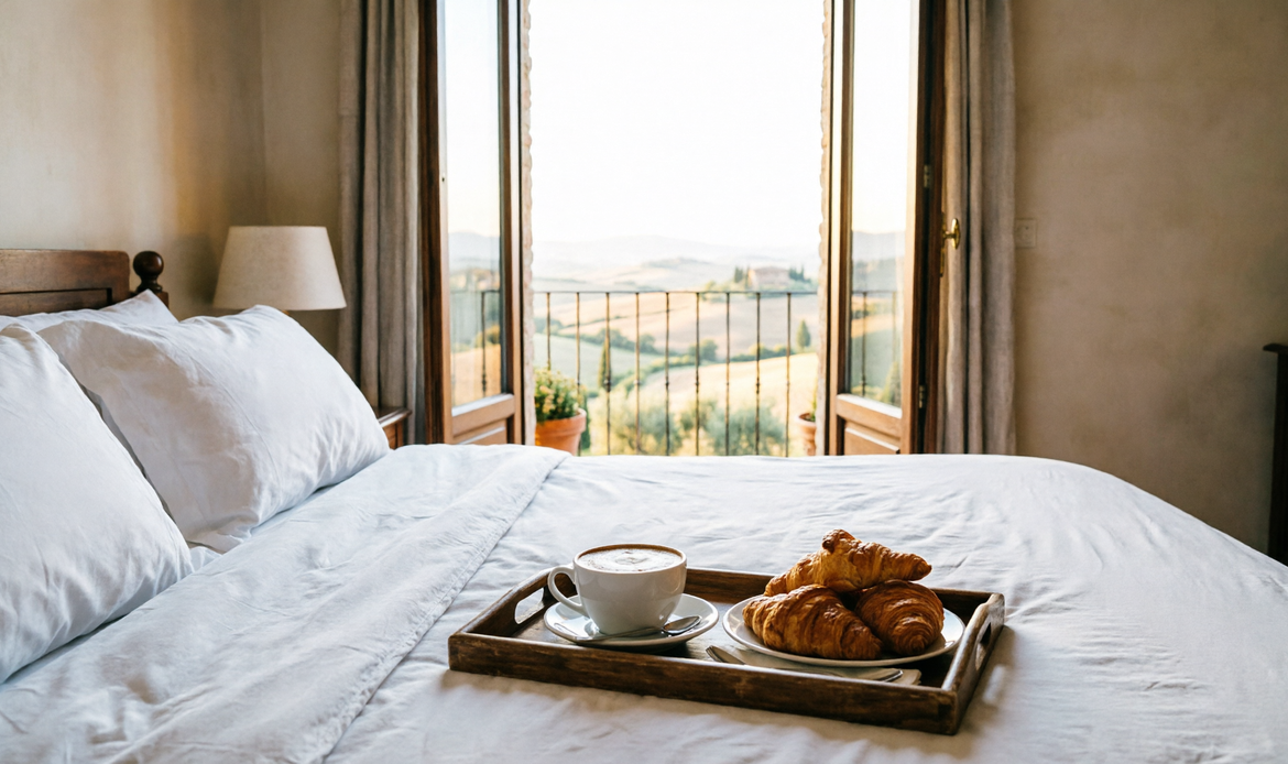 Camera B&B italiana al sunrise con vista Toscana, breakfast tray