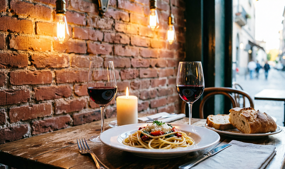 Tavolo bistrot italiano apparecchiato al crepuscolo con candela