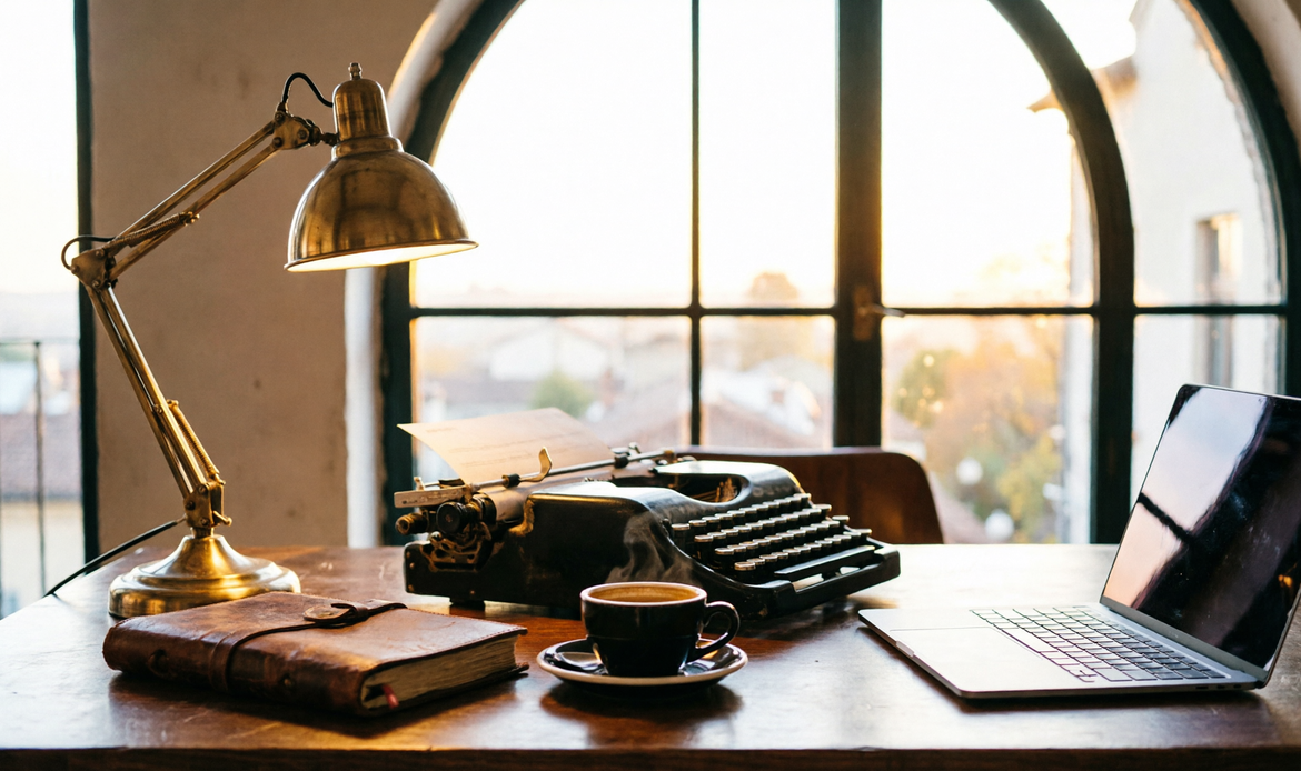 Co-working italiano elegante al golden hour con ledger e lampada vintage