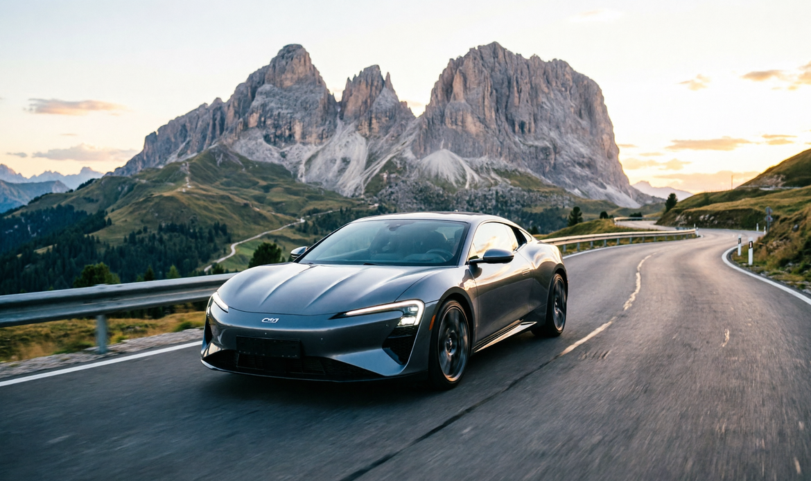 Auto in curva su strada panoramica delle Dolomiti, freedom vibe