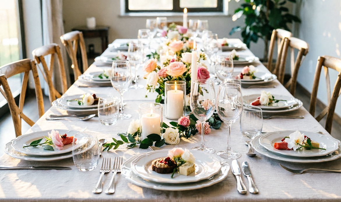 Tavolata gourmet italiana al matrimonio, vista top-down con candele