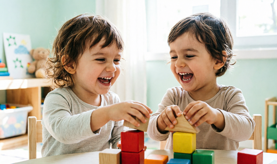 Bambini italiani che giocano in aula Montessori luminosa