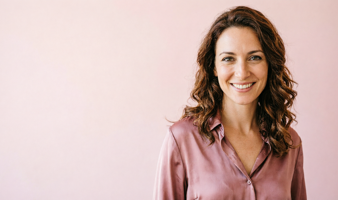Owner boutique italiana su sfondo rosa cipria