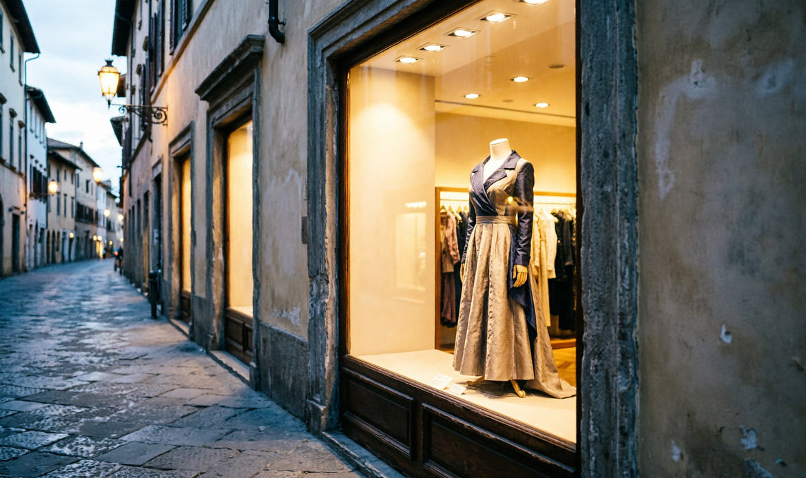 Vetrina boutique italiana elegante al crepuscolo con manichino