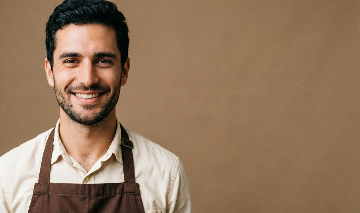 Barista italiano con cappuccino su sfondo marrone caffè