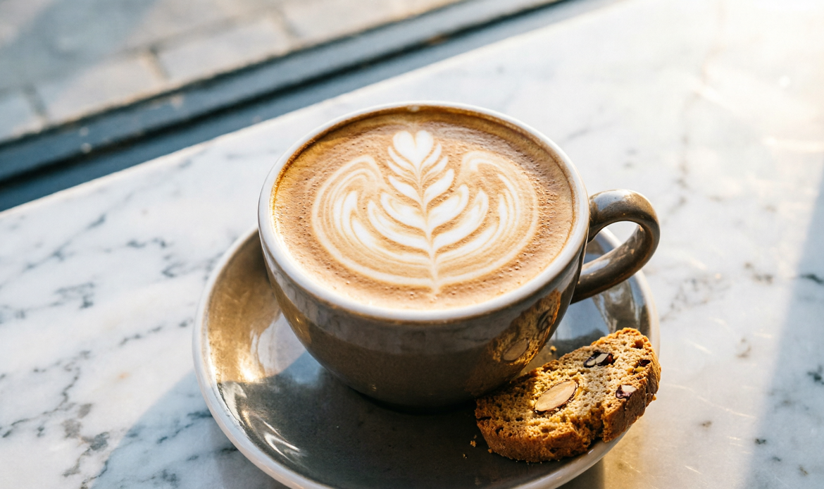 Close-up cappuccino italiano con rosetta latte art su marmo