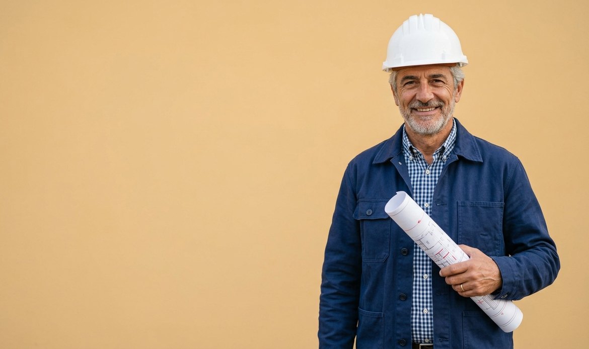 Titolare di impresa edile con casco su sfondo ocra
