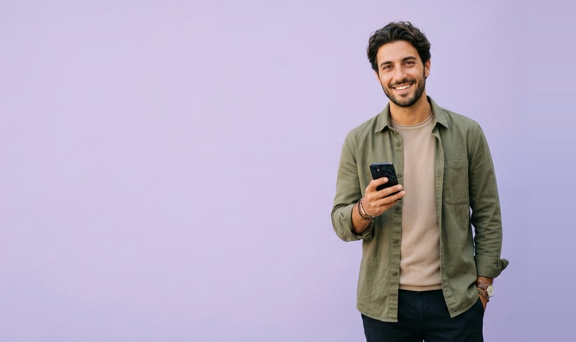Content creator con smartphone su sfondo lilla