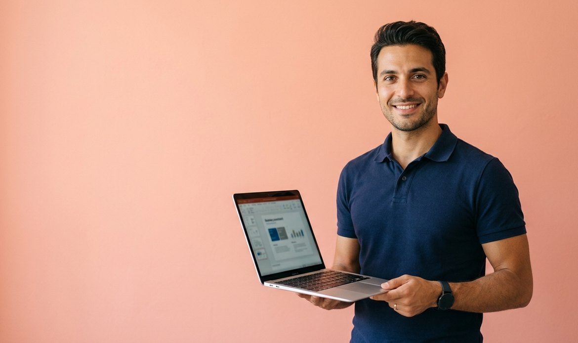 Consulente marketing sorridente su sfondo pastello