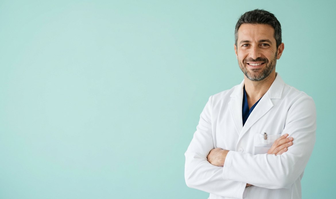 Titolare di studio dentistico su sfondo verde acqua