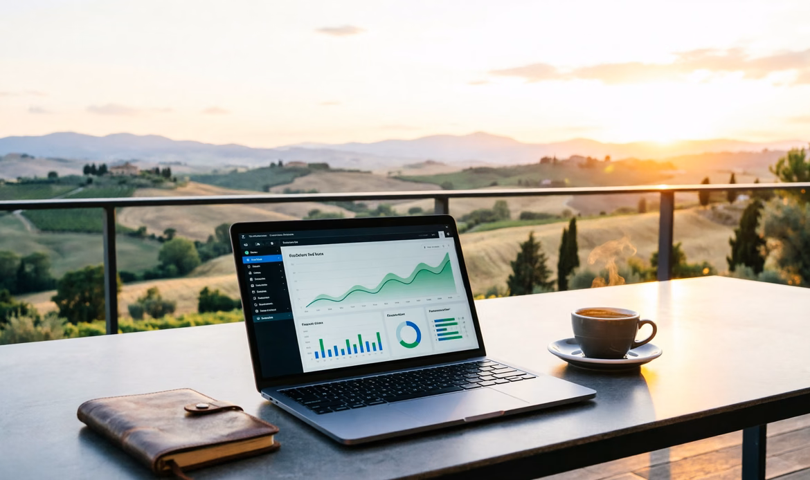 Home office terrace al tramonto con dashboard analytics, vibe success e libertà