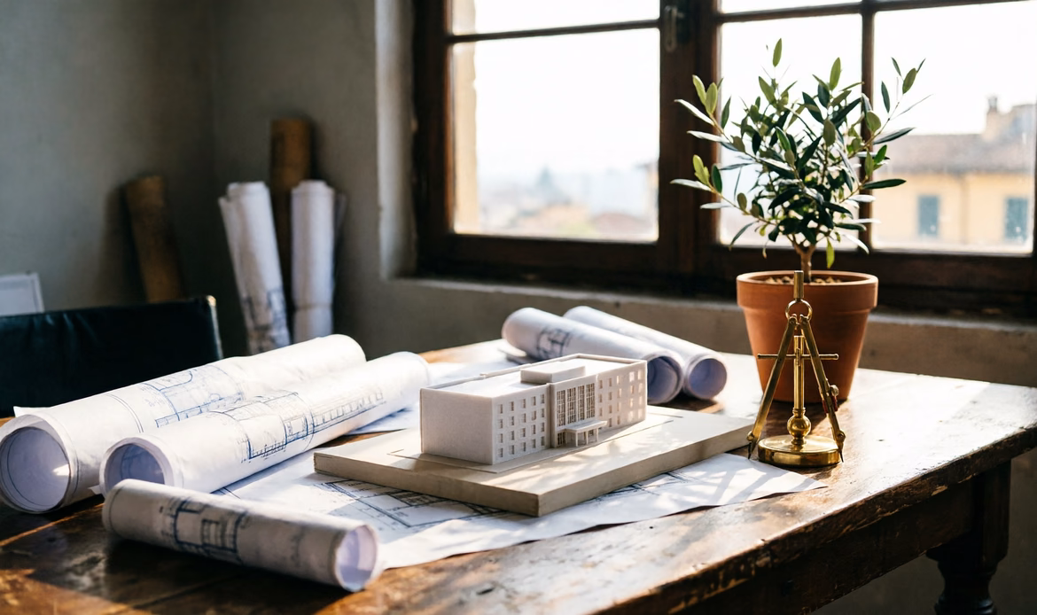Atelier d'architettura con blueprint e modelli, luce italiana del pomeriggio