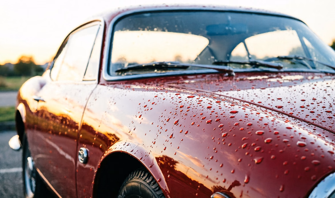 Auto sportiva italiana restaurata al golden hour, vernice riflesso perfetto