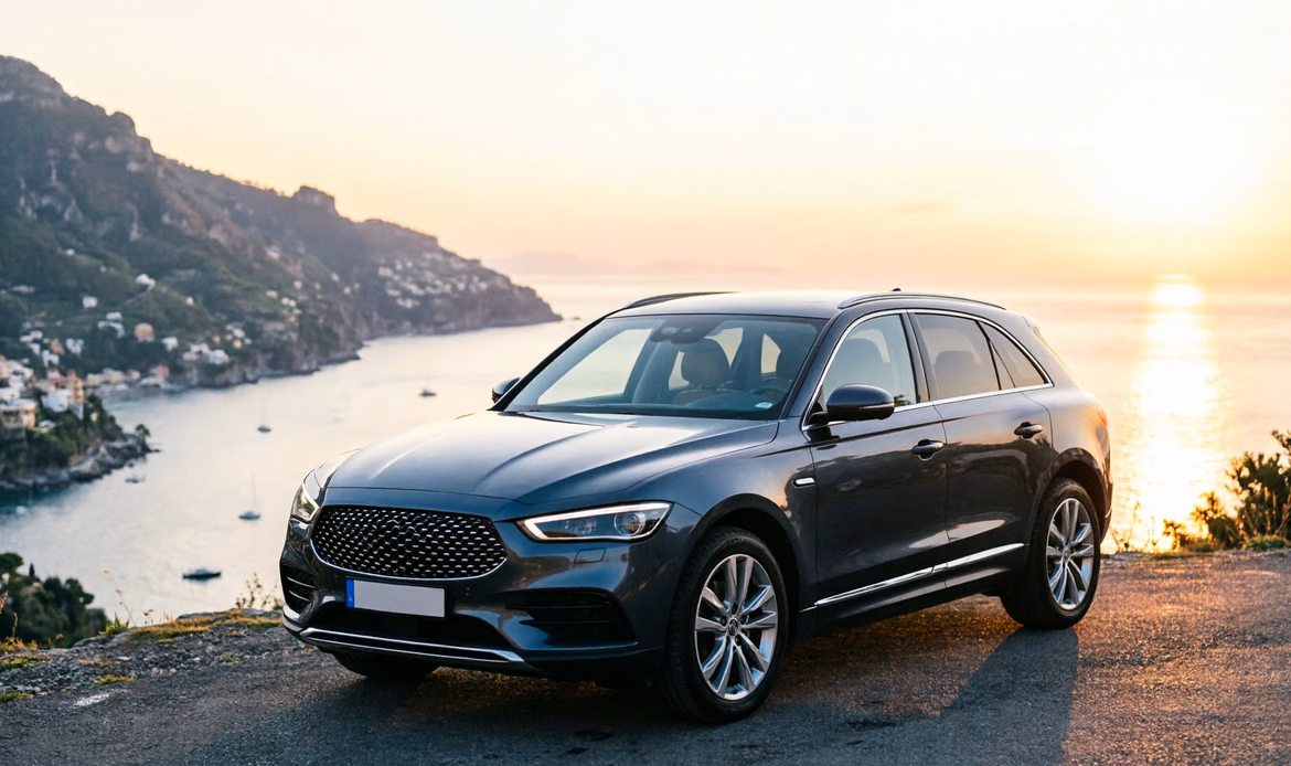 SUV elegante a viewpoint Amalfi al tramonto