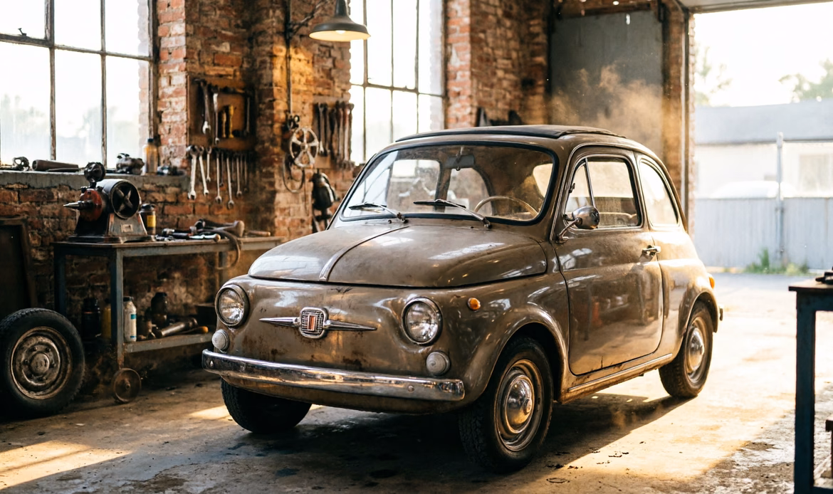 Auto classica italiana restaurata in garage industrial-chic, luce tungsten