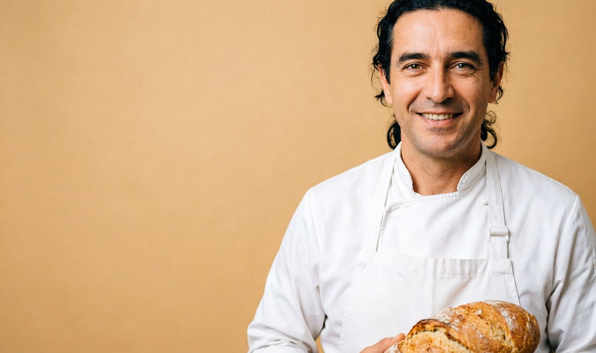 Panettiere italiano con pagnotta su sfondo marrone