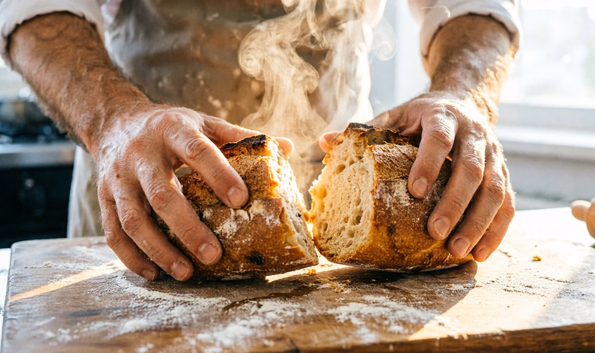Mani di un panettiere spezzano una pagnotta italiana fresca, luce mattutina