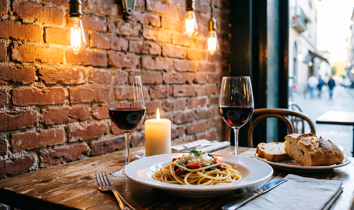 Tavolo bistrot italiano apparecchiato al crepuscolo con candela