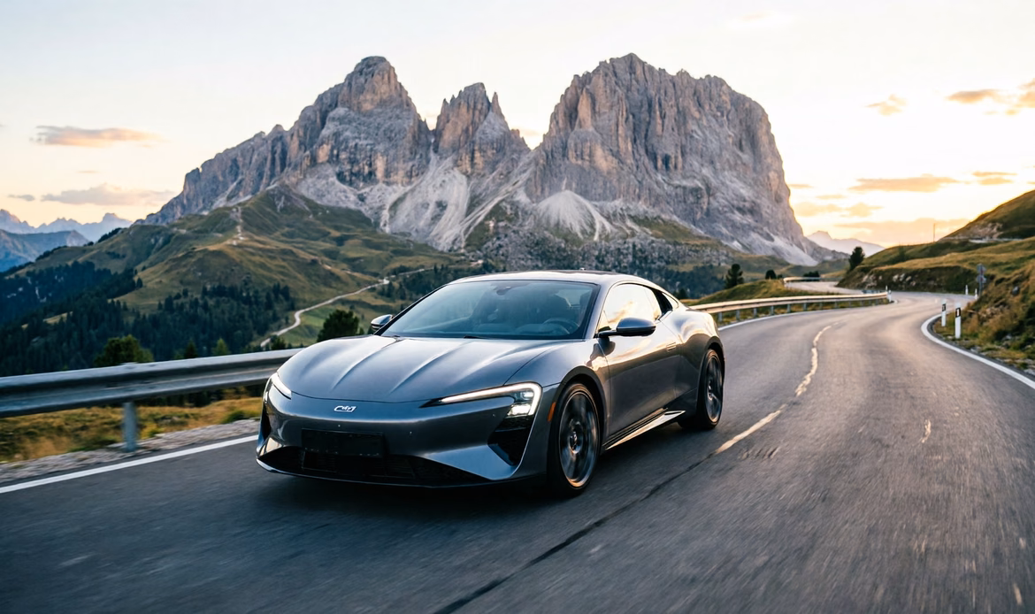 Auto in curva su strada panoramica delle Dolomiti, freedom vibe