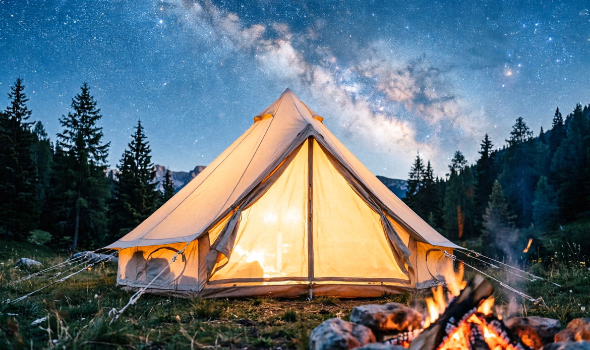Tenda canvas illuminata sotto cielo stellato in foresta italiana