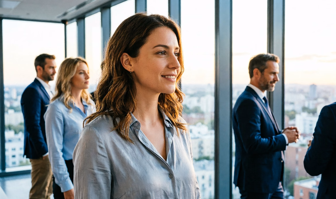 Donna italiana professionista alla finestra grattacielo, vista città al golden hour