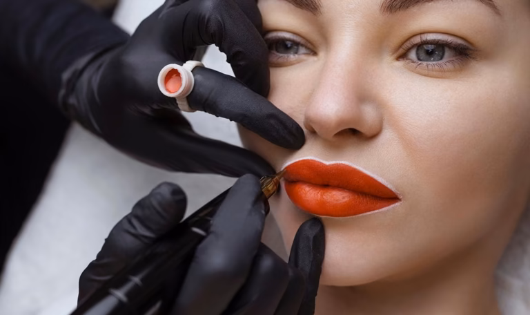 Primo piano sopracciglia curate post‑microblading in un salone PMU