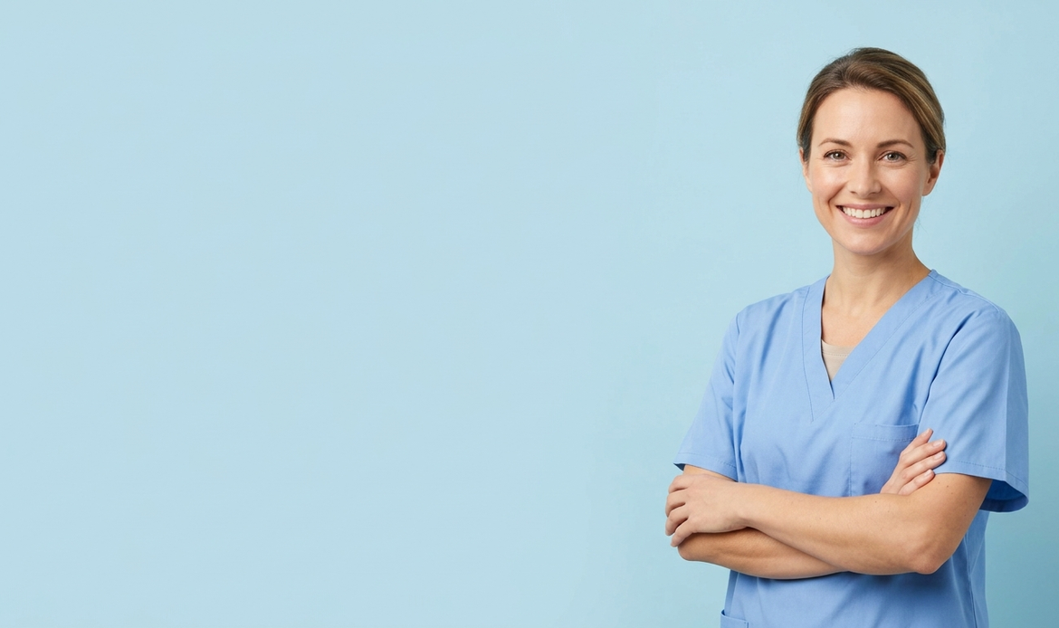 Dentista sorridente su sfondo pastello azzurro