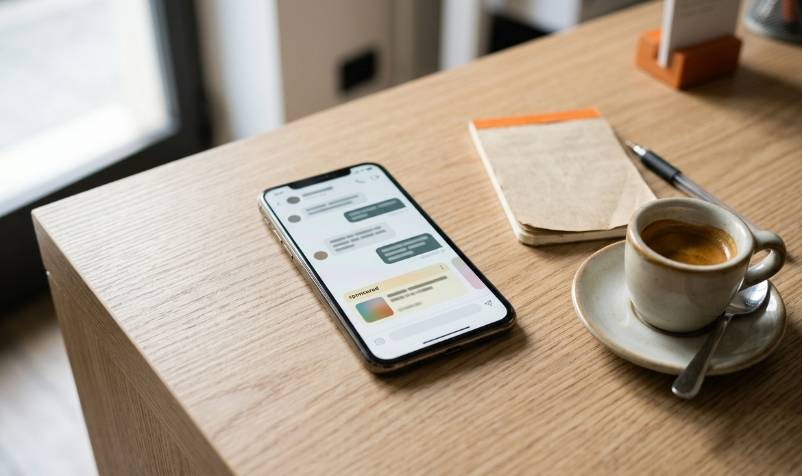 Smartphone con una conversazione in ChatGPT e un annuncio sponsorizzato sotto la risposta, sulla scrivania di una piccola attività