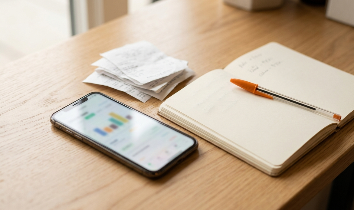 Smartphone con l'app Gemini aperta accanto a ricevute e a un quaderno su un bancone di lavoro