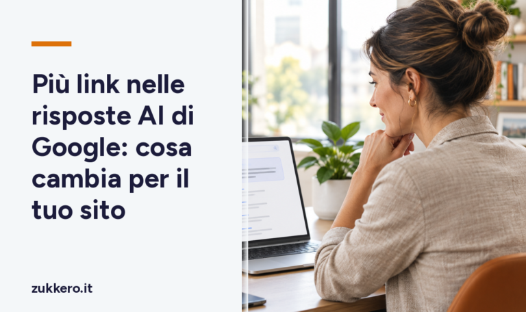 Titolare di una piccola attività guarda su un laptop una risposta AI di Google con i link alle fonti