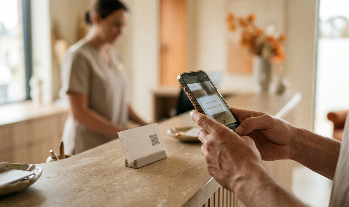 Cliente scansiona un QR code alla reception di uno studio per lasciare una recensione dopo la visita